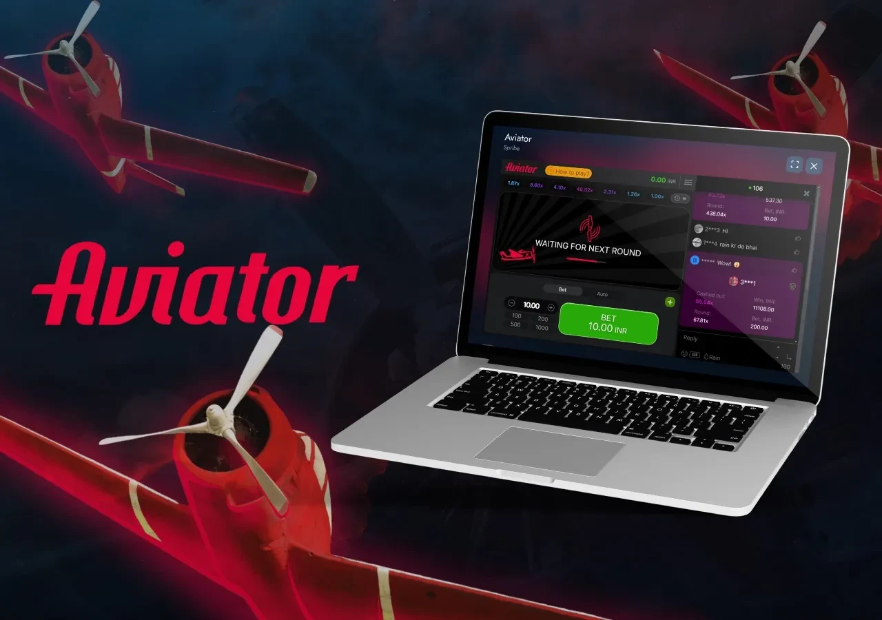 Starting the Aviator game on a laptop, with the plane and bet panel visible